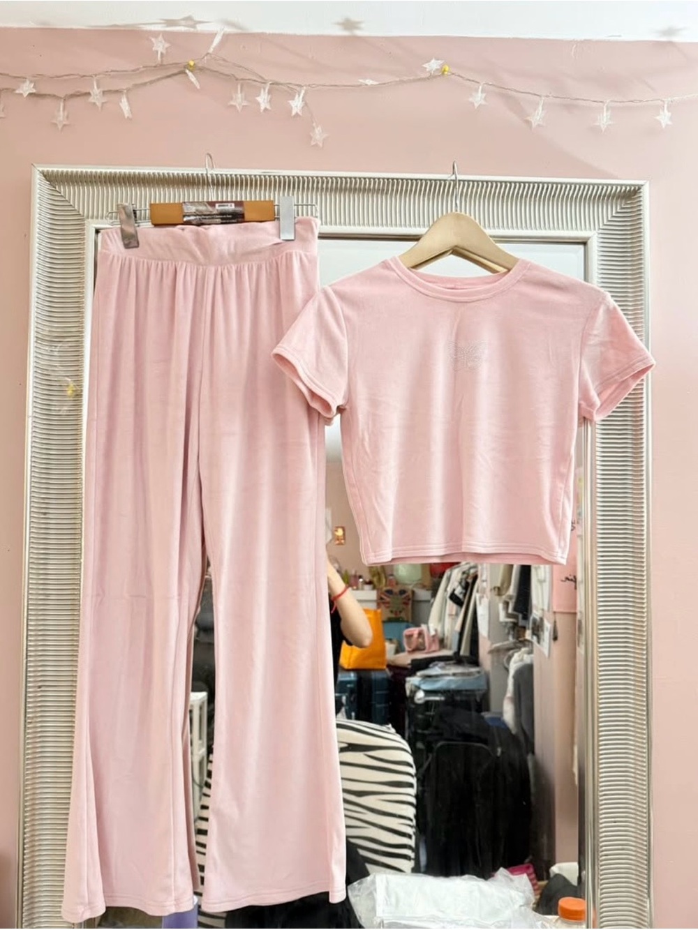 Women’s Soft Pink Velour Lounge Set - Tee & Wide-Leg Pants - Picture 2 of 2